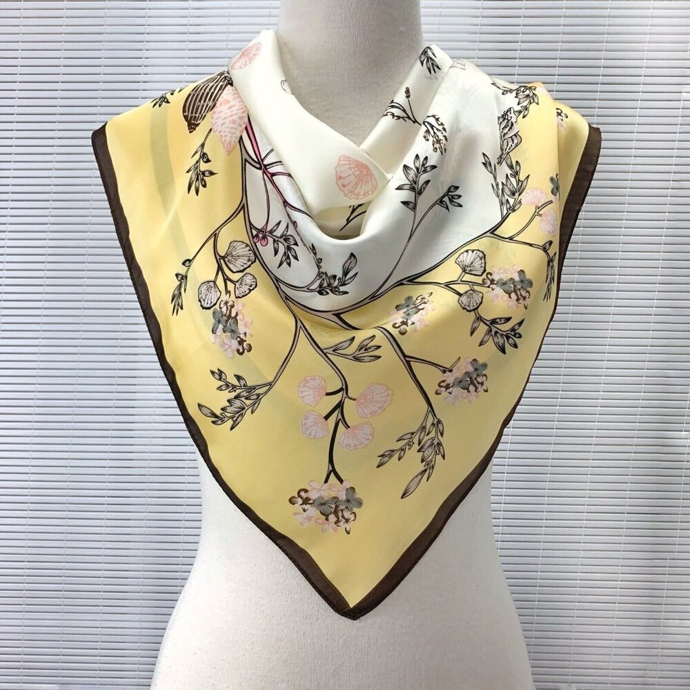 Silk Scarf Large Square Print Shawl Wraps Yellow Blue 27" - Picture 2 of 4